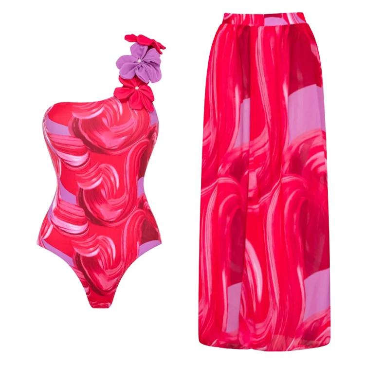 One Shoulder 3D Flower Decor Printed One Piece Swimsuit and Skirt