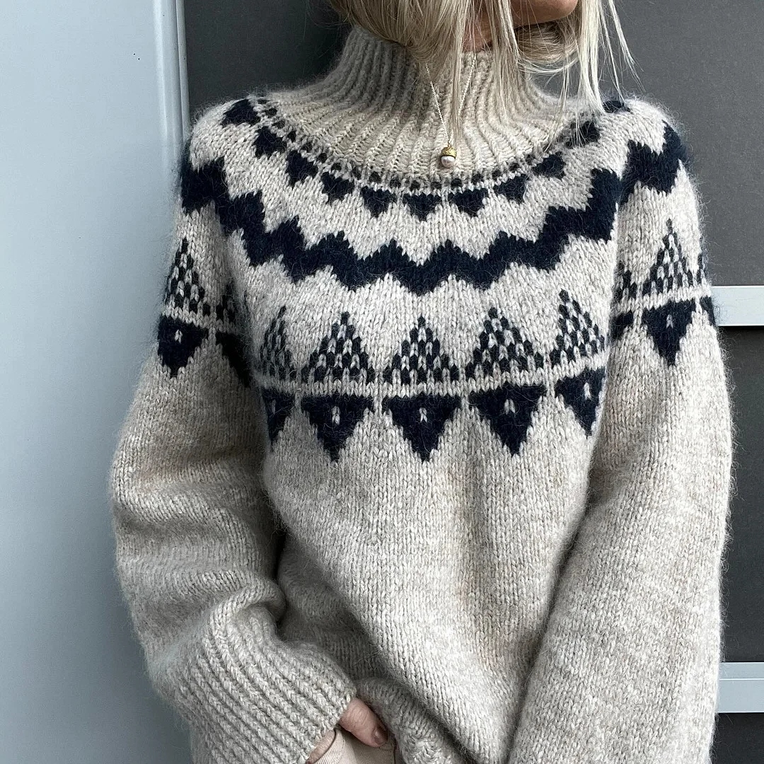 Icelandic Classic Wavy Geometric Jacquard Turtleneck Sweater