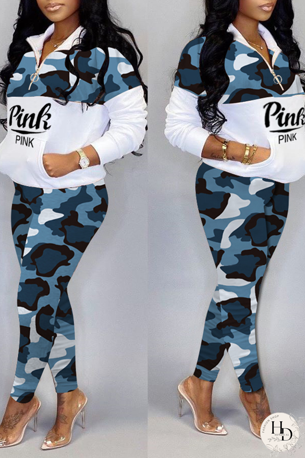 Blue Casual Camouflage Print Patchwork Zipper Collar Long Sleeve Two Pieces