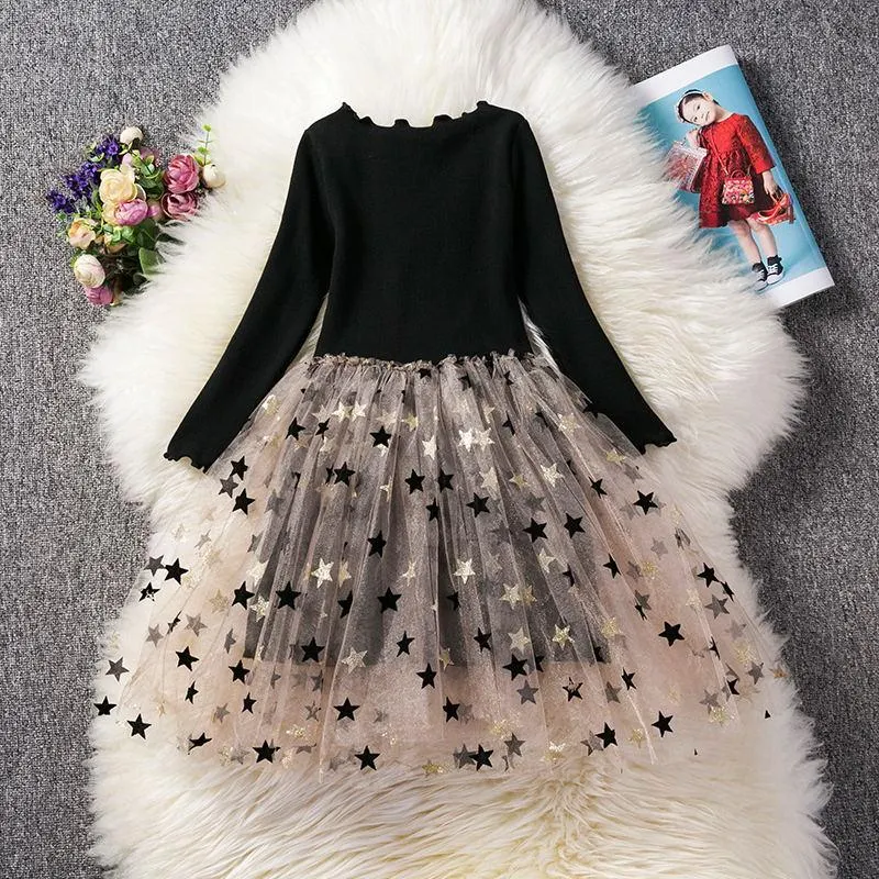 Girls Winter Dress for Kids Long Sleeve Star Sequined Princess Dresses 3 6 8 Years Old Children Cotton Knitted Autumn Clothes