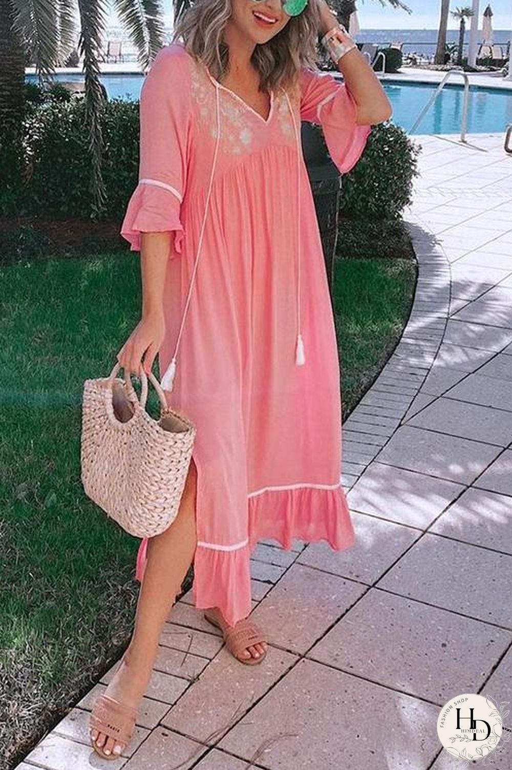 Embroidery Flares Sleeve Maxi Dress