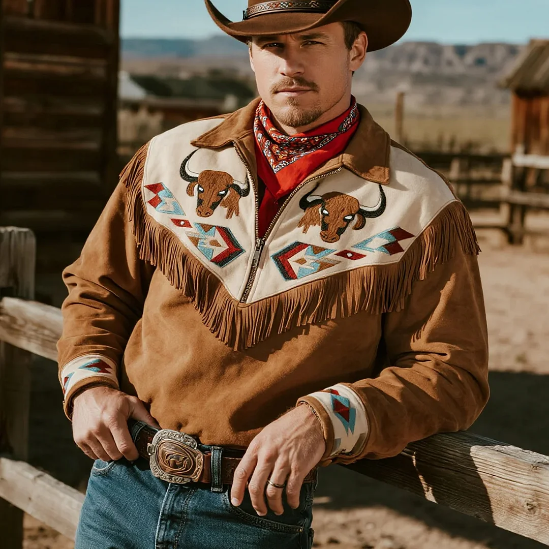 Retro Western Cowboy Style Tassel Contrast Color Stitching Half Zip Lapel Long Sleeve Sweatshirt Top-inspireuse