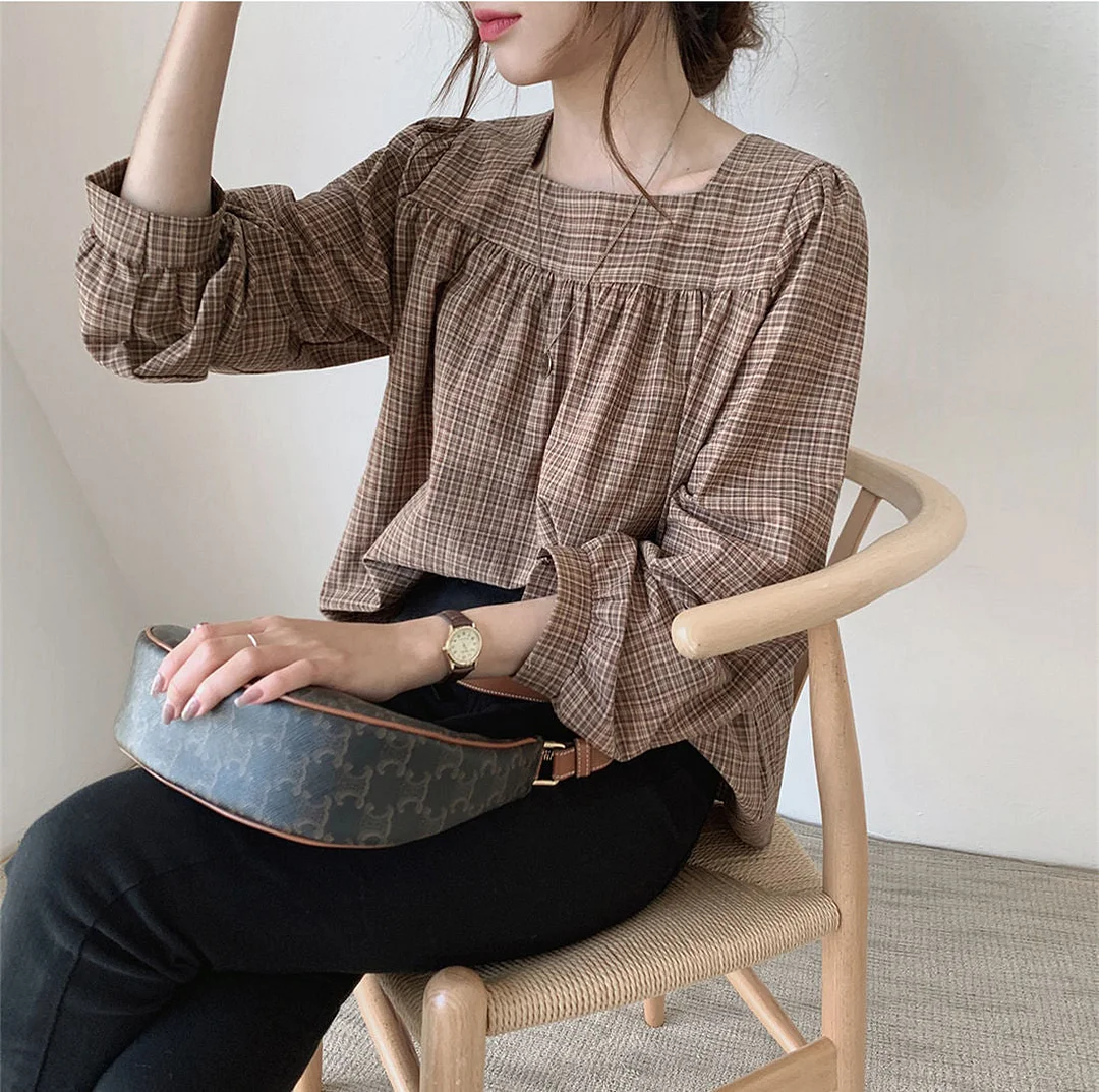 Billlnai Plaid New Womens Blouses Spring Tops Femme Casual Women Shirt Long Sleeve Cotton Girls women Blouse New Blusas Solid Loose
