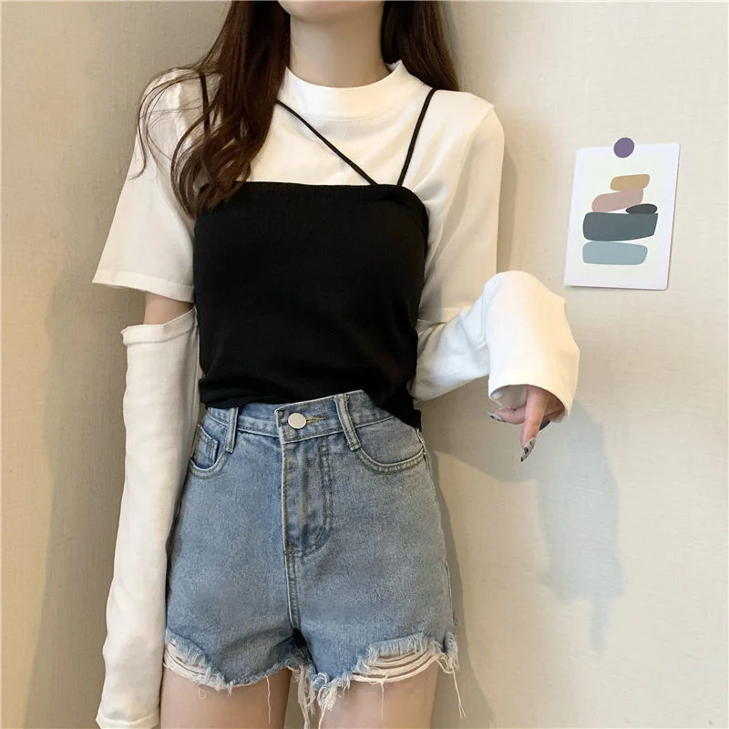 Toloer Toloer 2024 New Korean Wind Detachable Sleeve Knit T-Shirt Knit Sling Vest Wearing A Suit Schoolgirl-Outfit Ideas