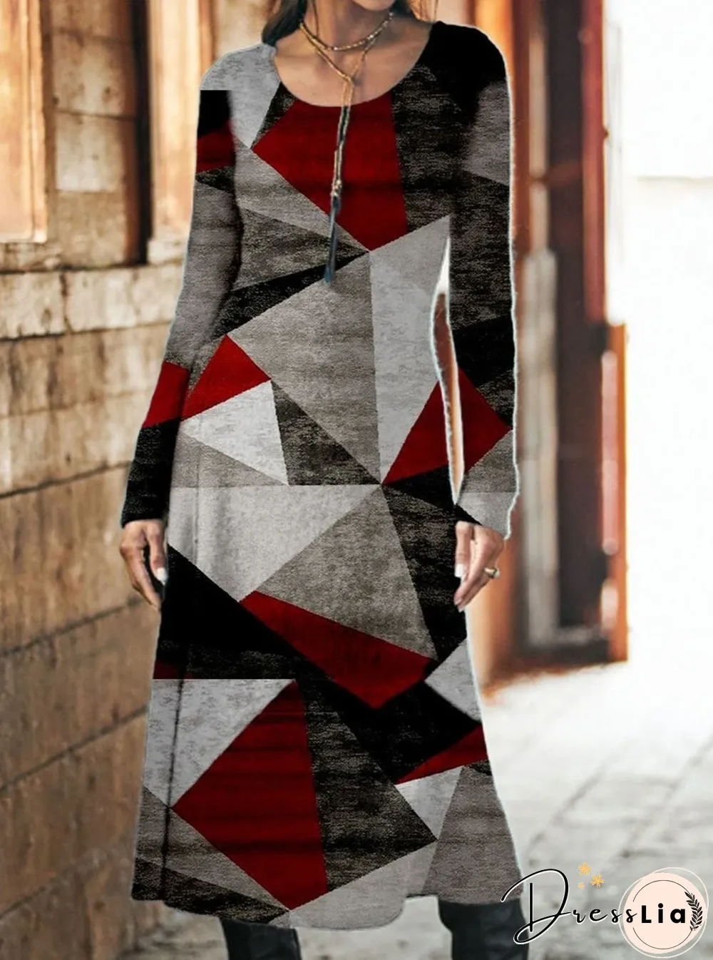 Fashion Color Block Long Sleeve Round Neck Casual Maxi Dress