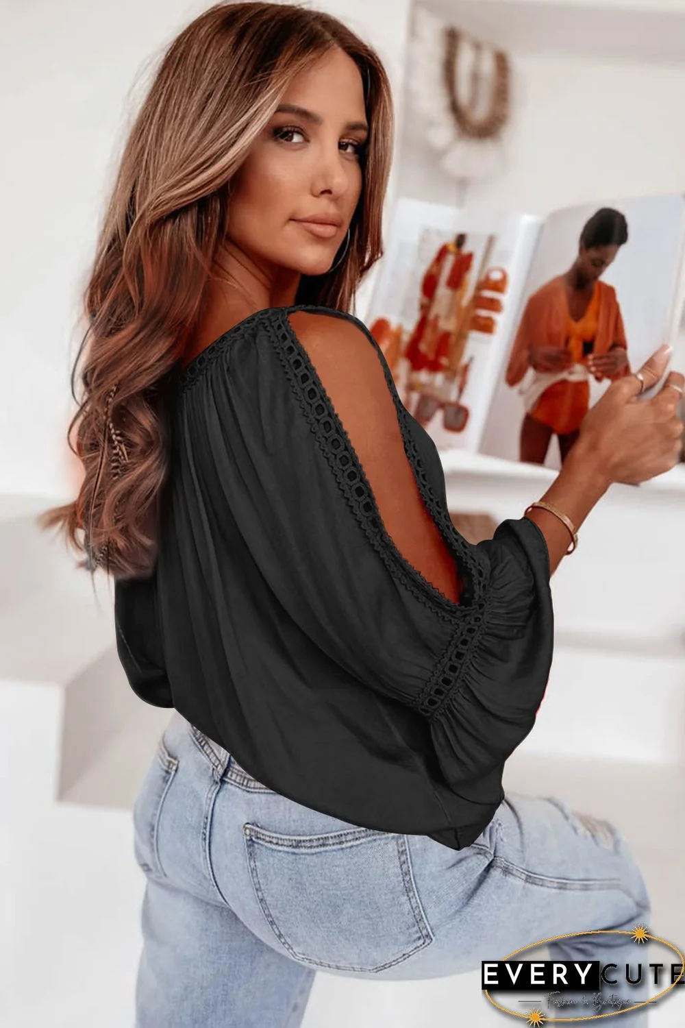 Black Lace Crochet Cut-Out Bracelet Sleeve Ruffle Blouse