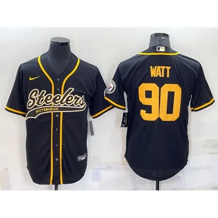 Men's Pittsburgh Steelers #90 T.J. Watt Black Gold With Patch Cool Base Stitched Baseball Jersey HP79