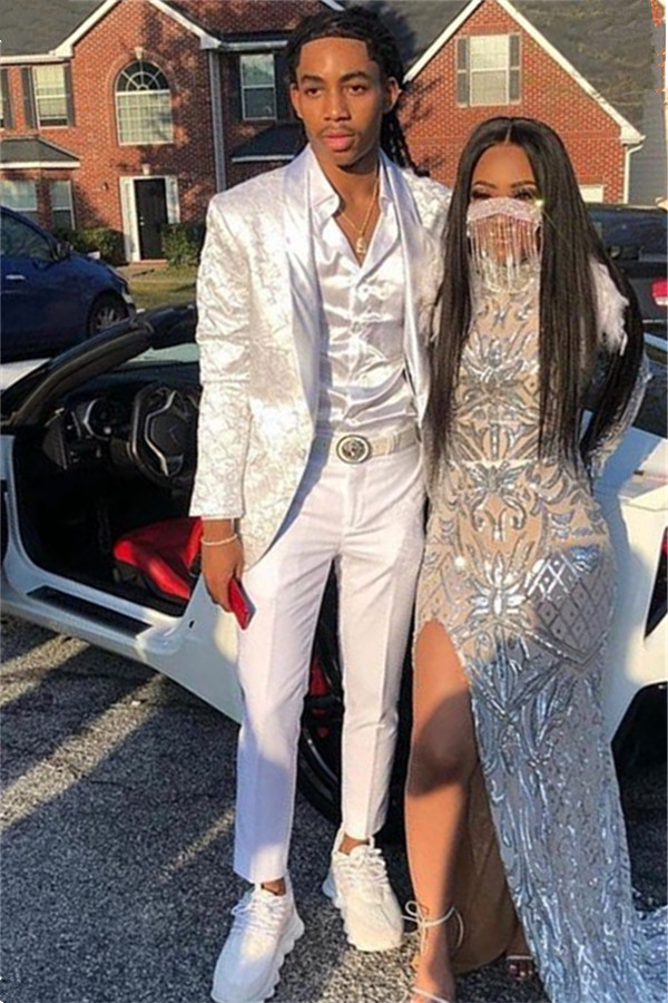 Bellasprom Amazing White Business Shawl Lapel Prom Suit For Guy With Jacquard Bellasprom