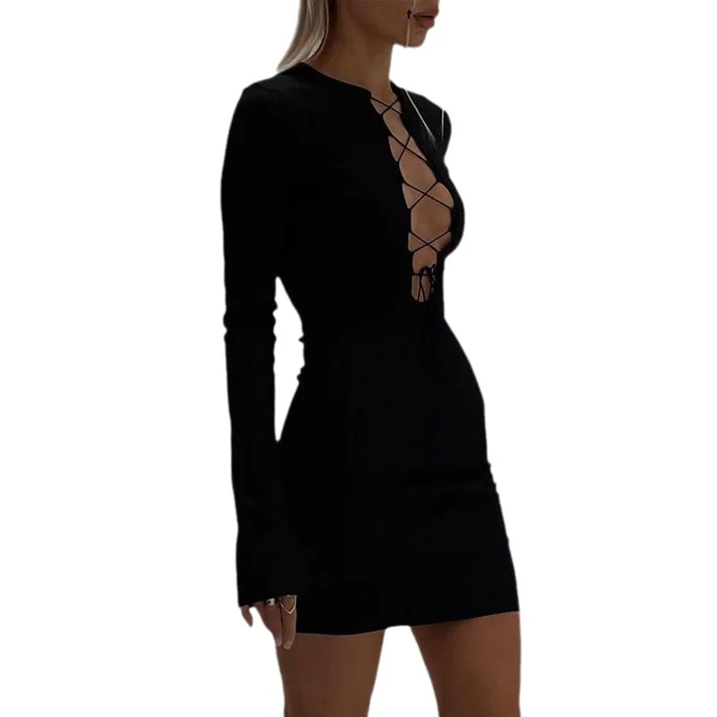 Uveng Uveng And Autumn Women's Dress Chest With Fashion Temperament Pure Color Round Collar Long Sleeves Wrap Hip Dress