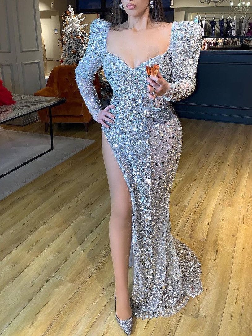 Shiny sweetheart neck slit party evening dress-zachics