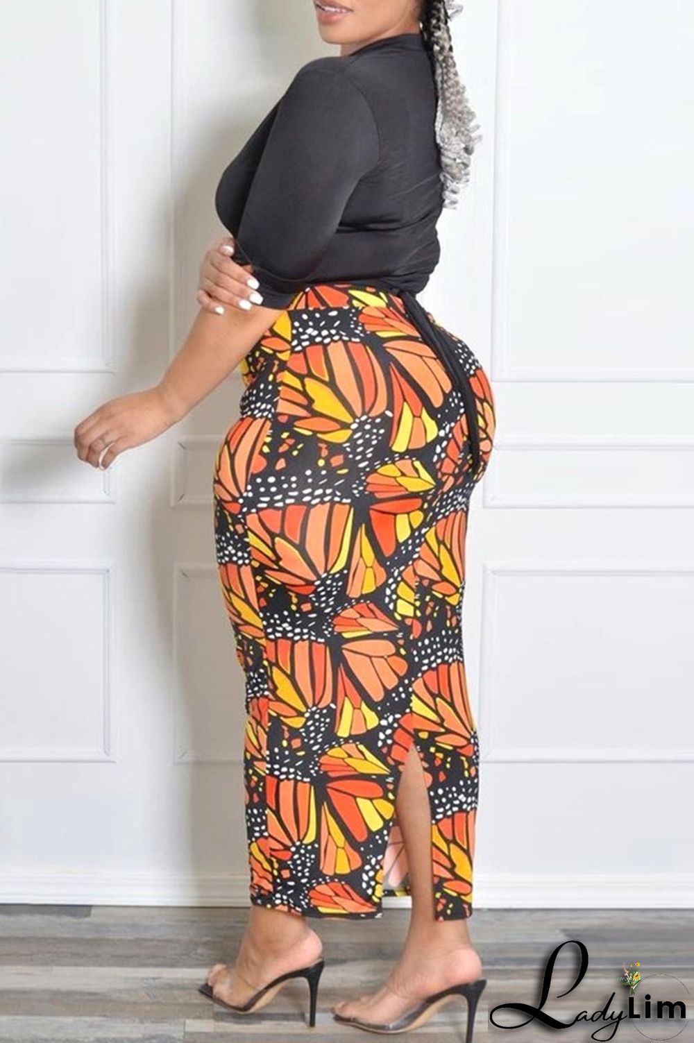 Orange Fashion Casual Print Slit Plus Size Skirt