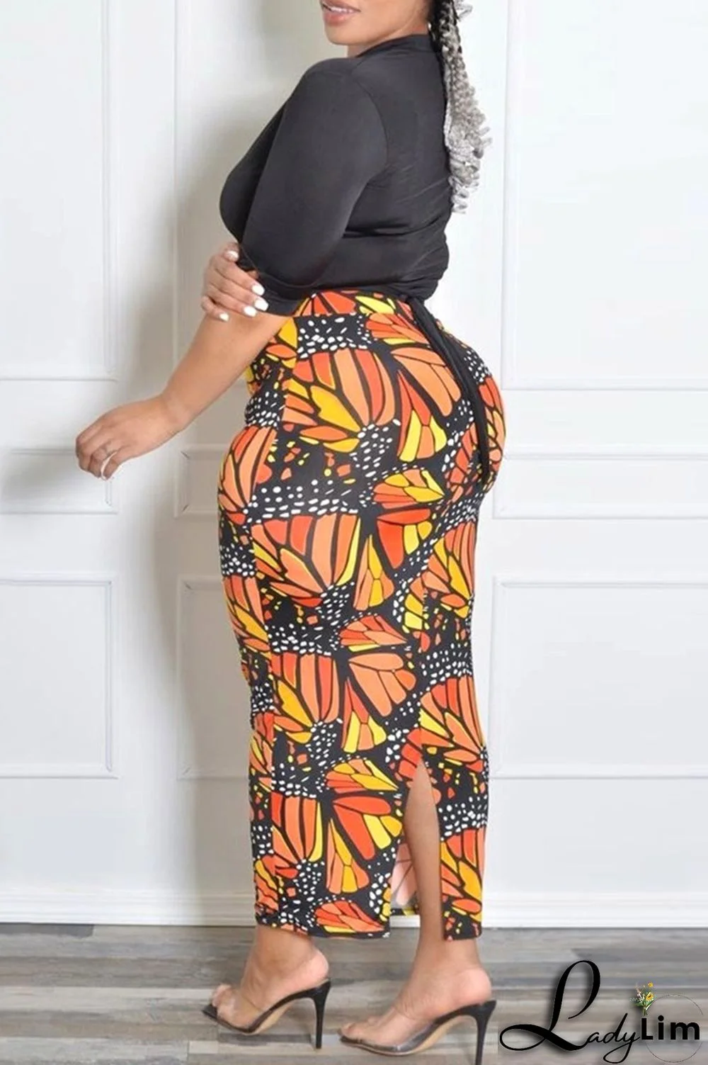 Orange Fashion Casual Print Slit Plus Size Skirt