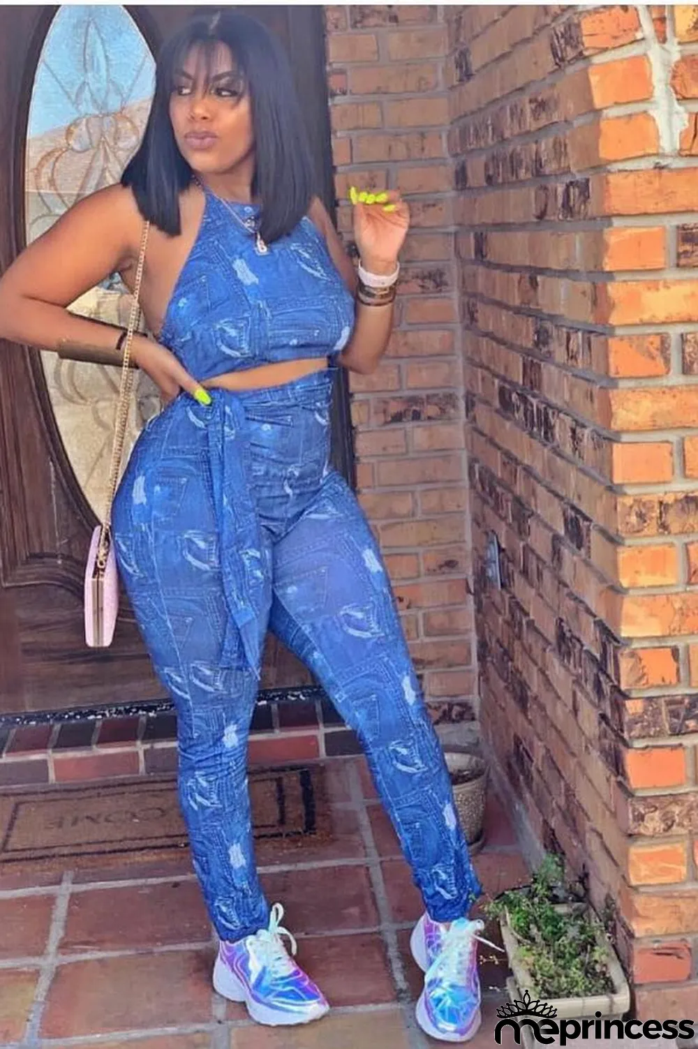 Blue Sexy Fashion Print Backless Patchwork Polyester Sleeveless O Neck Jumpsuits