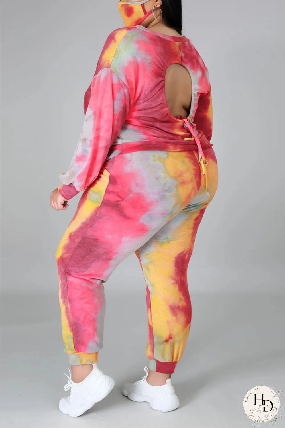 Dark Blue Fashion Casual Print Tie Dye Tie-dye Backless O Neck Plus Size Set