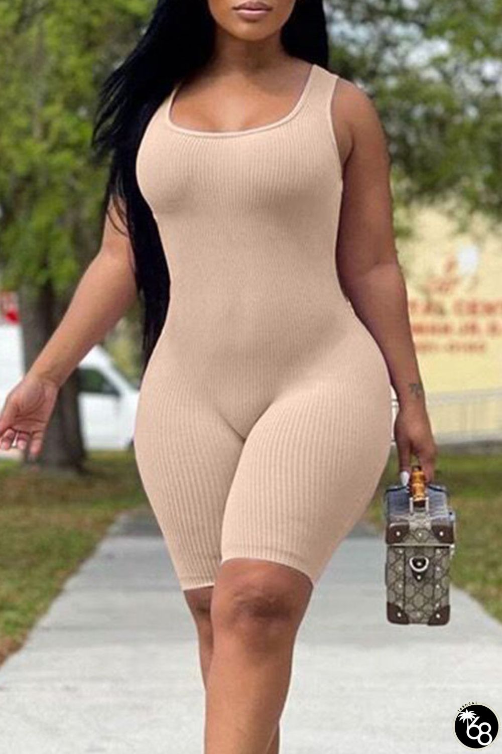 Khaki Casual Solid Patchwork U Neck Regular Rompers | 168DEAL