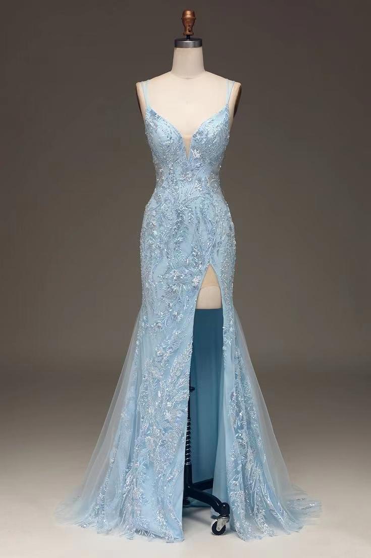 Lvs&Broner Spaghetti Strap Sleeveless Mermaid Appliques Long Prom Dress With Front Split