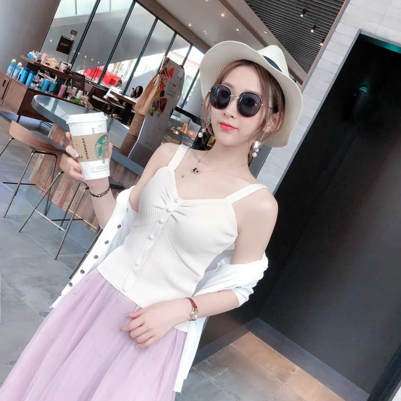 Uveng Uveng Short Sling Vest Female Hong Kong Flavor Retro Chic Korean Version Of Twisting Buckle Decorative Temperament Match Blouse Korean Tide