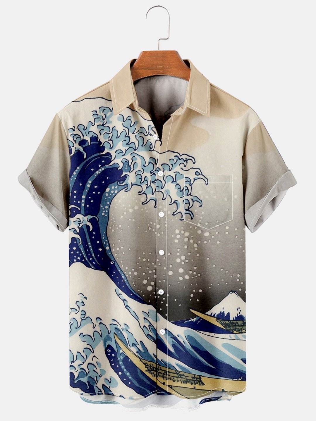 Mens Japanese Ukiyoe Wave Print Casual Breathable Chest Pocket Short Sleeve Hawaiian Shirts