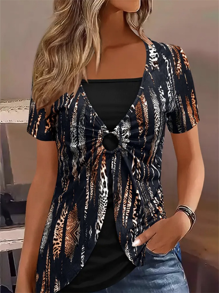 Spring and Summer New Fake Two Pieces of The Ethnic Style of The Big Size of Women's Short Sleeve