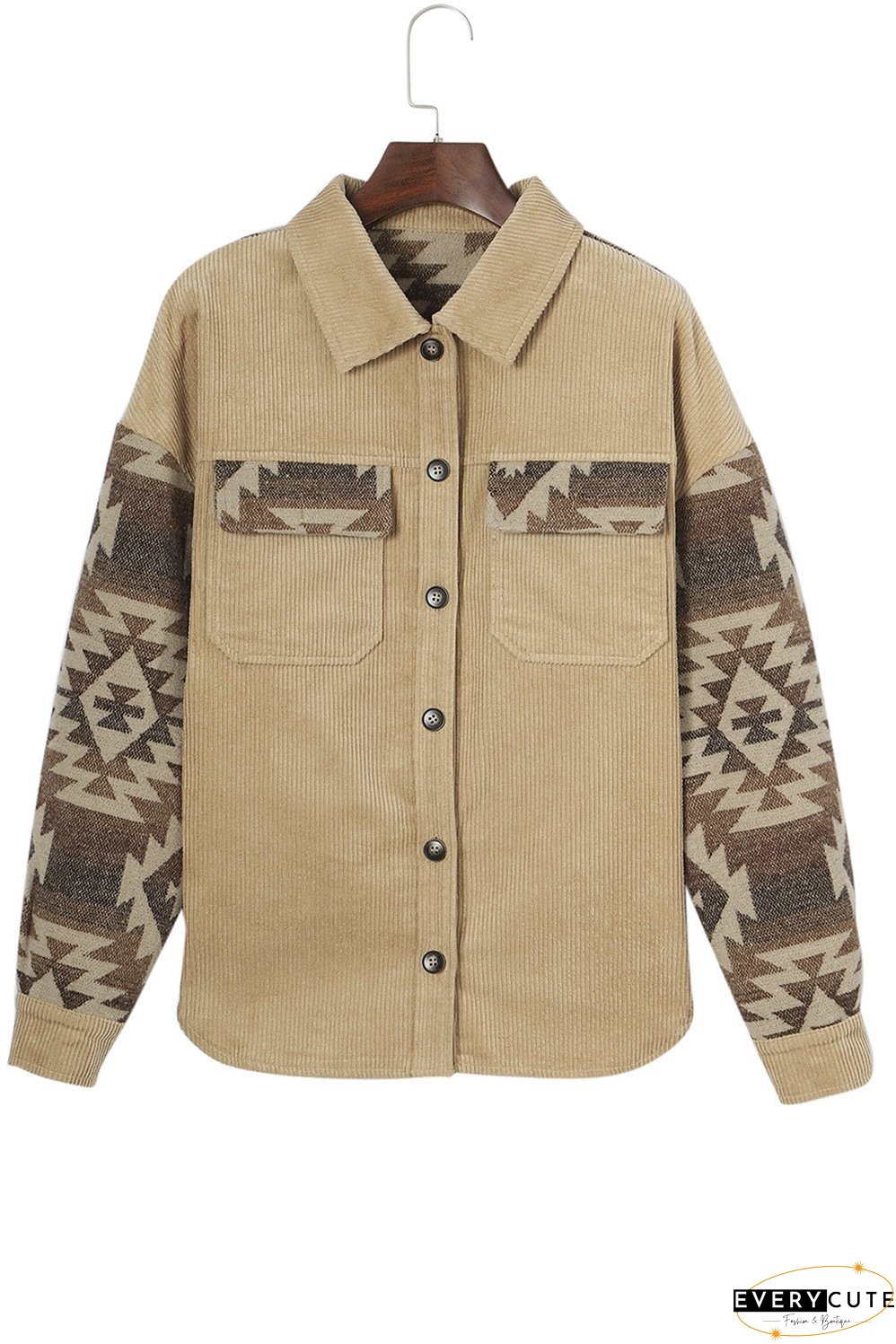 Khaki Aztec Print Patchwork Frayed Edge Corduroy Jacket