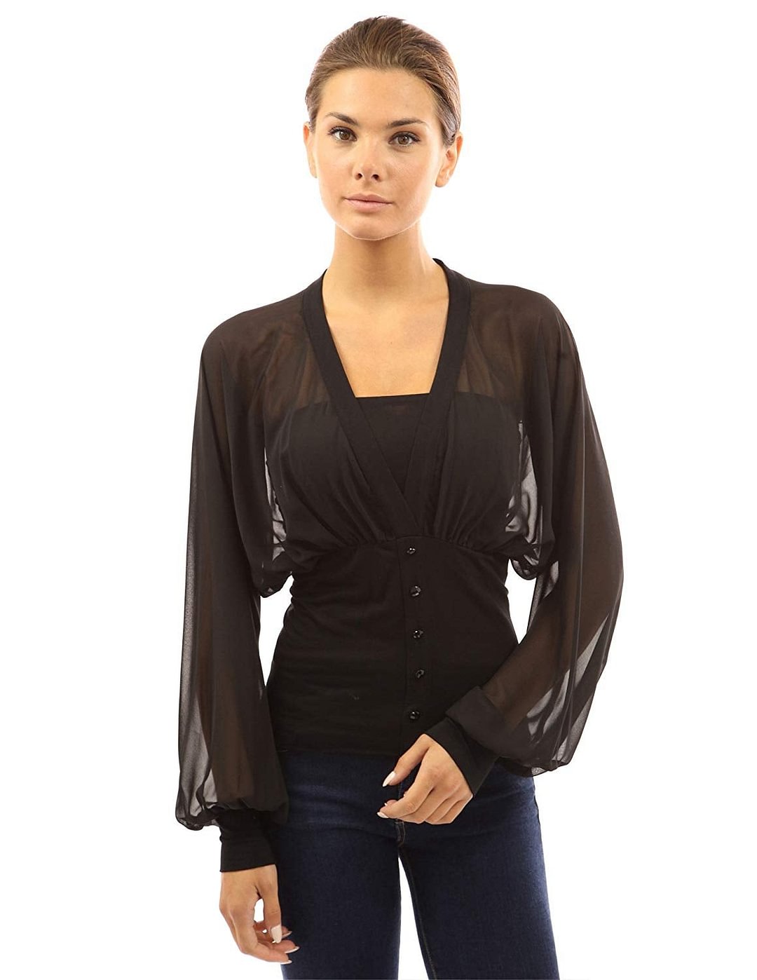 Women Chiffon Long Sleeve Fitted Waist Pullover Blouse