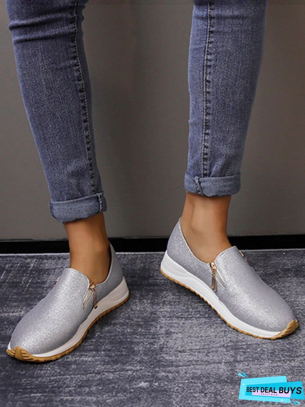 Lightweight Soft Sole Zip Glitter Casual Sneakers