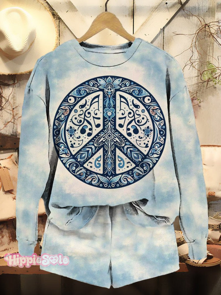 Women’s Hippie Graphic Art Print Casual Sweatshirt And Shorts Set Multicolor / S