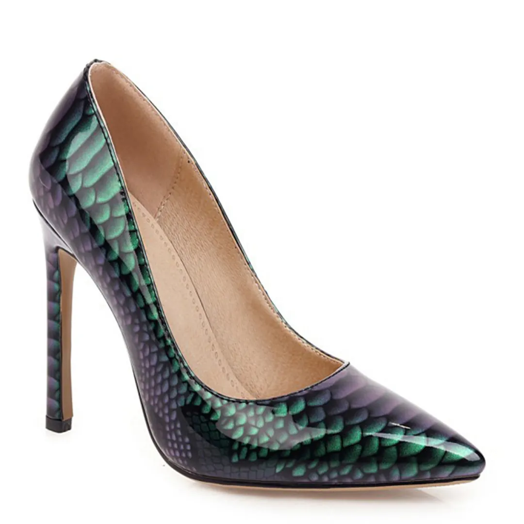 3.94"Heels Party Daily Pumps Green Snakeskin Heels-vocosishoes