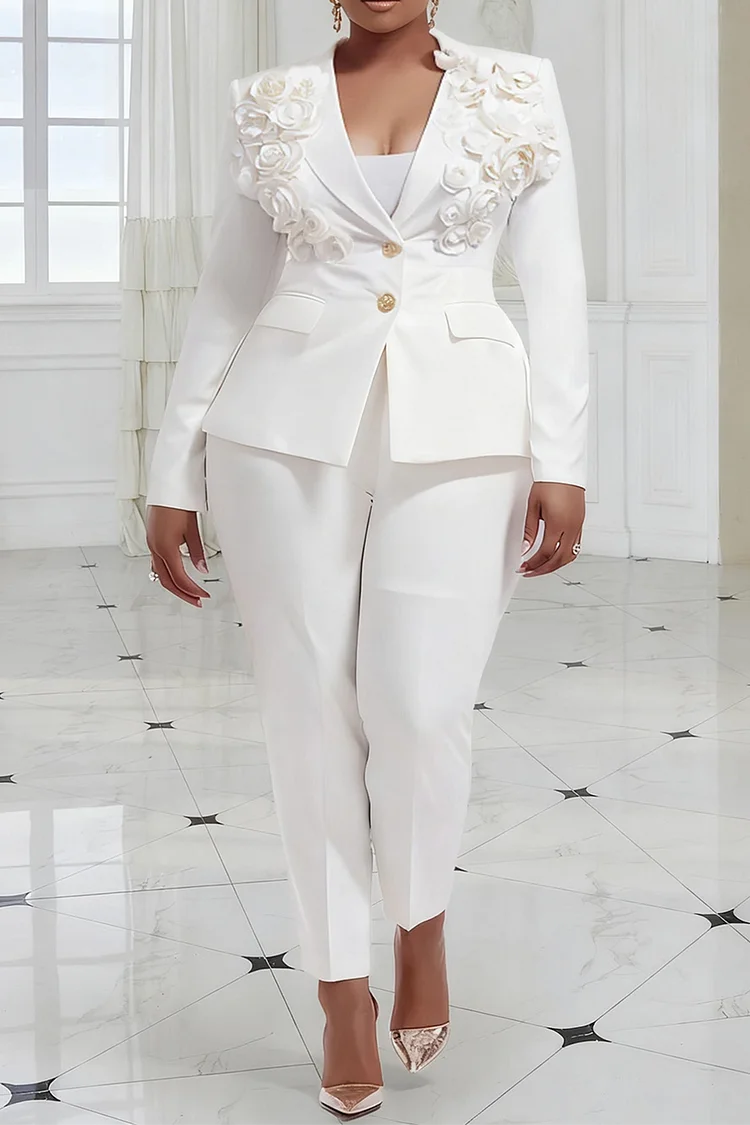 Xpluswear Design Plus Size Formal White Turndown Collar Long Sleeve 3D Elegant Pocket Two Piece Pant Suits