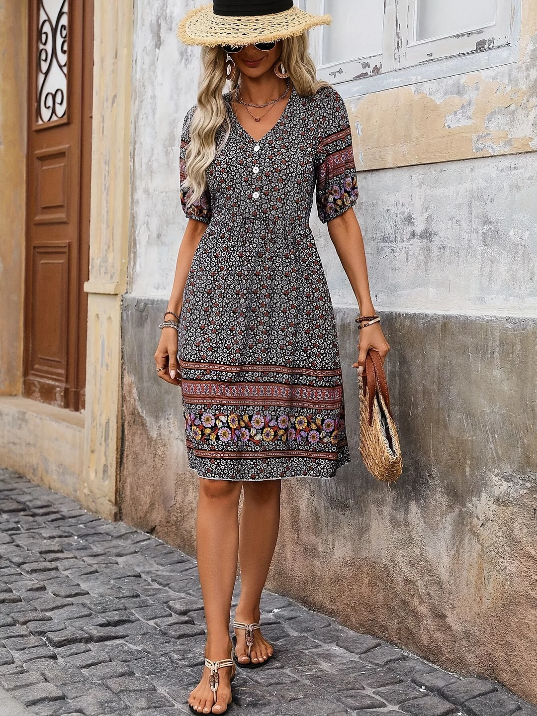 Women Short Puff Sleeve Dress With Floral Print, Button Decoration And Vacation Style For Summer Vacation Beach Outfit | IFYHOME