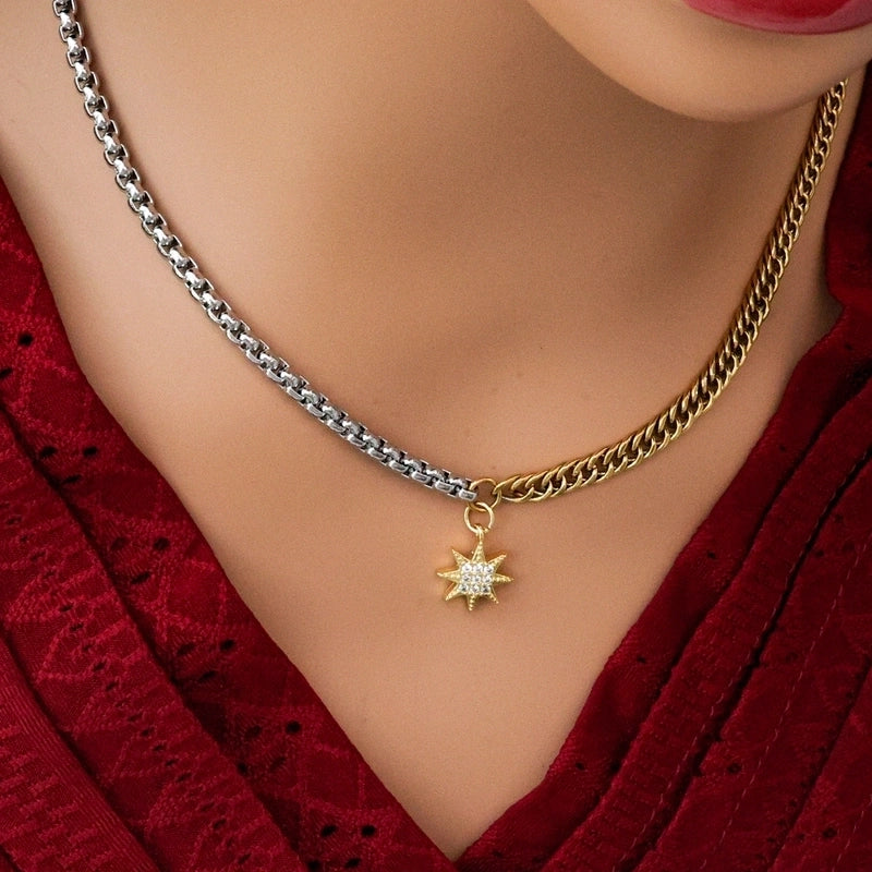 Titanium Steel Copper Star Oval Pendant Necklace