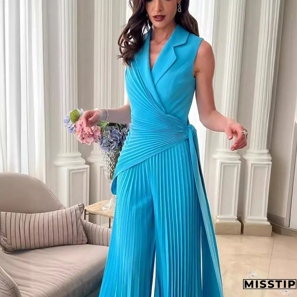 Women Summer Turndown Collar Solid Wide Leg Jumpsuit