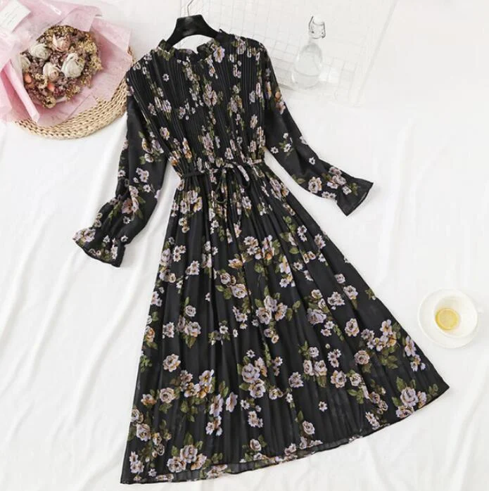 2020 Elegant Women Print Chiffon Dress Long sleeve Lotus leaf collar Pleated Dress Female Casual Midi Dresses vestidos mujer