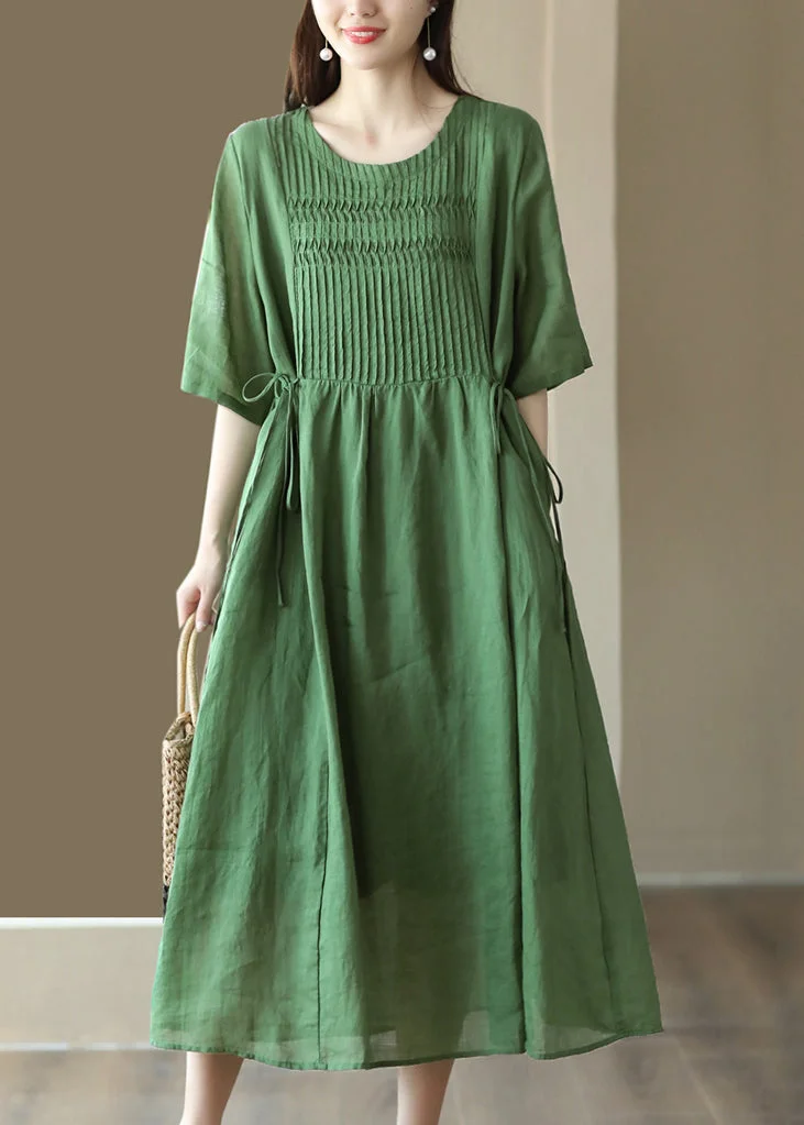Green Wrinkled Tie Waist Linen Maxi Dress Short Sleeve