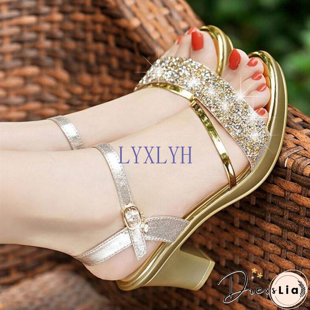 Sandals Women's New High-heeled Women's Sandals One Word Buckle Rhinestone Thick With Fish Mouth Women's Shoes