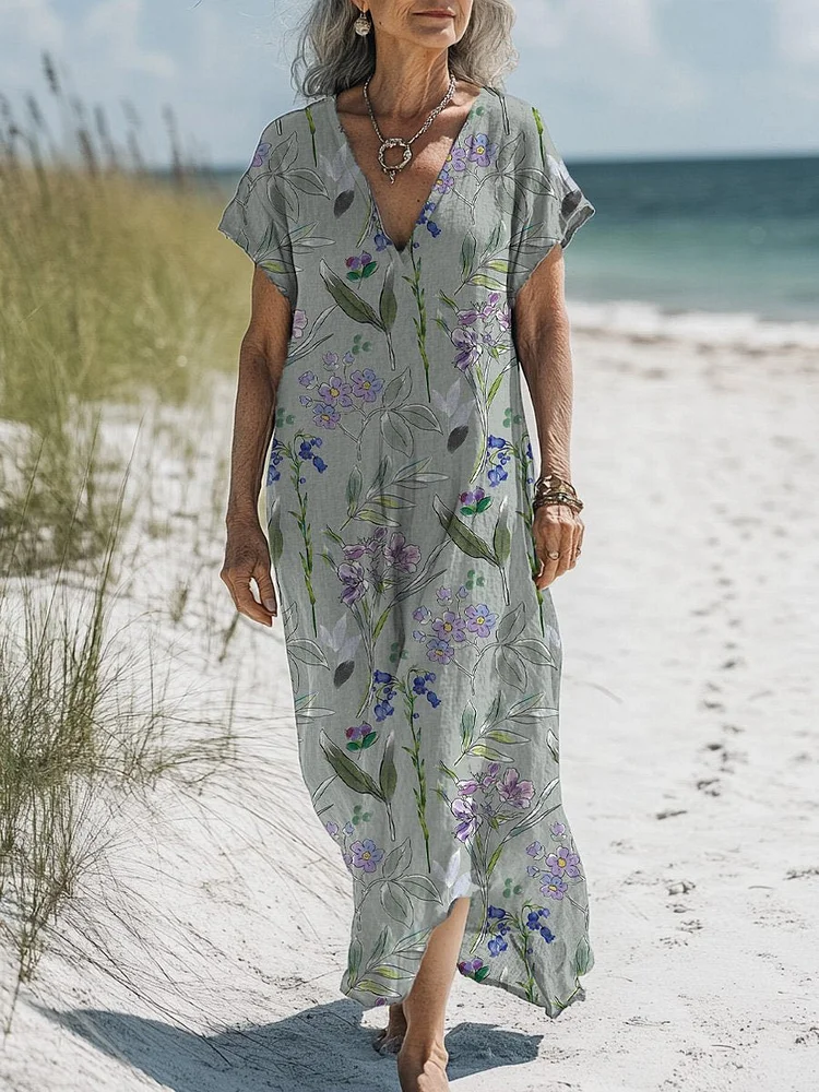 Vintage Spring Floral Pattern Printed Women's Pocket Cotton Dress