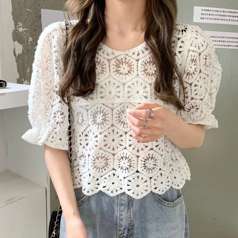 Huiketi Vintage Puff Sleeve Tops Women Hollow Out Kintted Crochet Woman Blouses Chic See Through Lace Shirt Blusas Mujer 14346