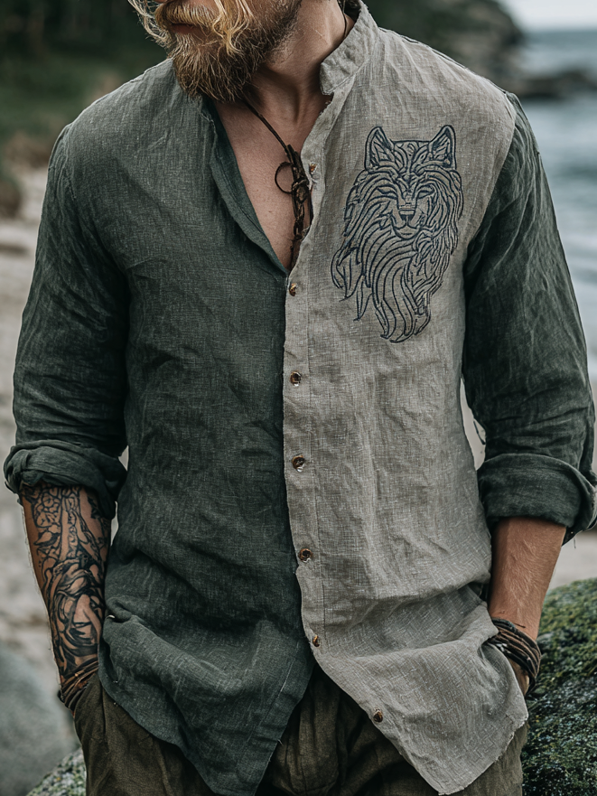 Men's Viking-Inspired Fenrir Wolf Two-Tone Long Sleeve Linen Shirt / Rvogue / Rvogue