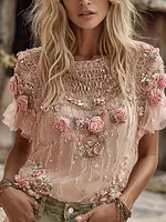 Women's Spring Floral Embroidered Art Flowy Linen Blend Short Sleeve Casual Tops