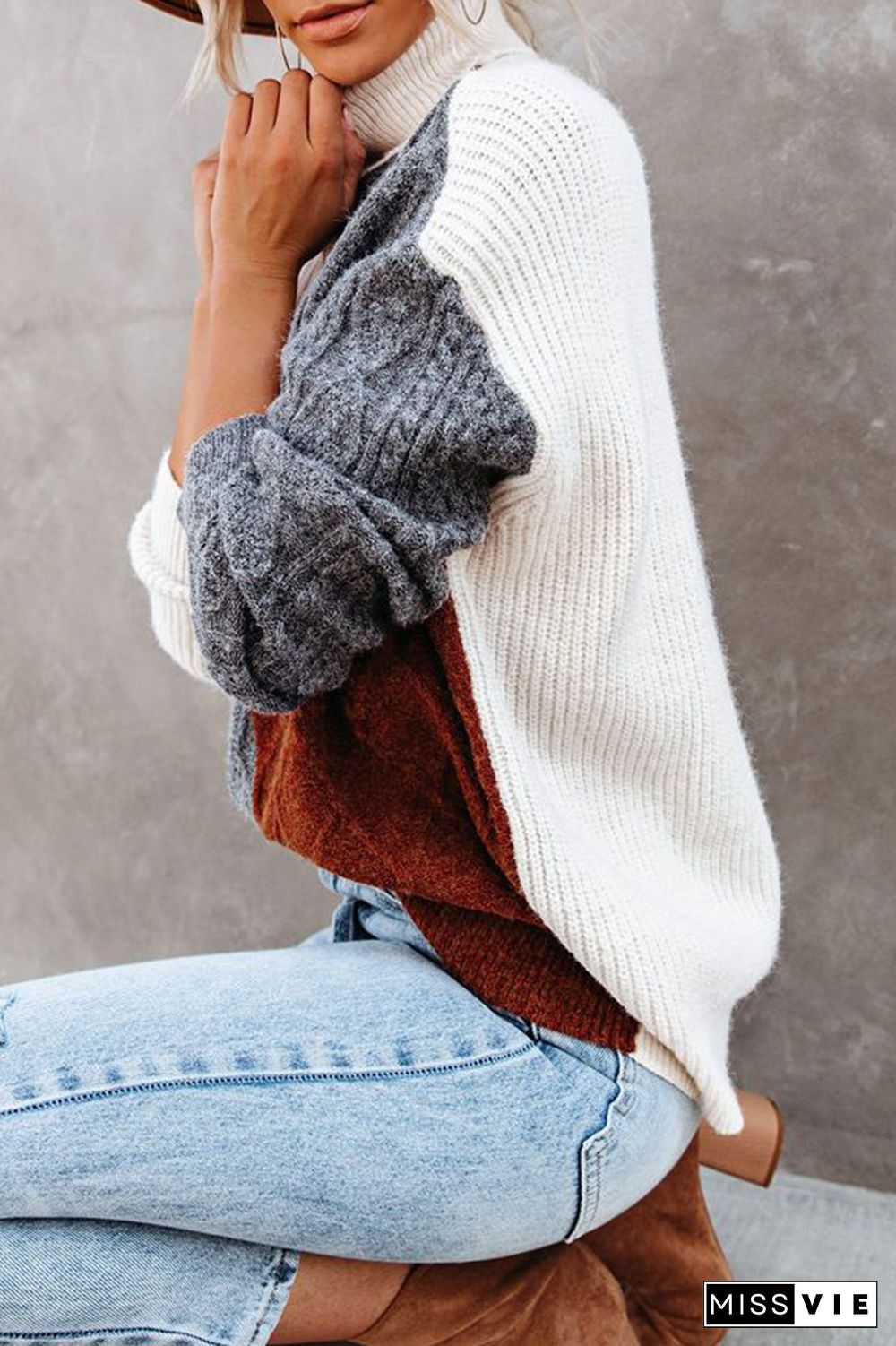 Casual Patchwork  Contrast Turtleneck Tops