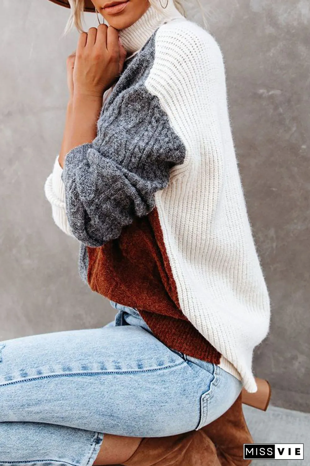Casual Patchwork  Contrast Turtleneck Tops