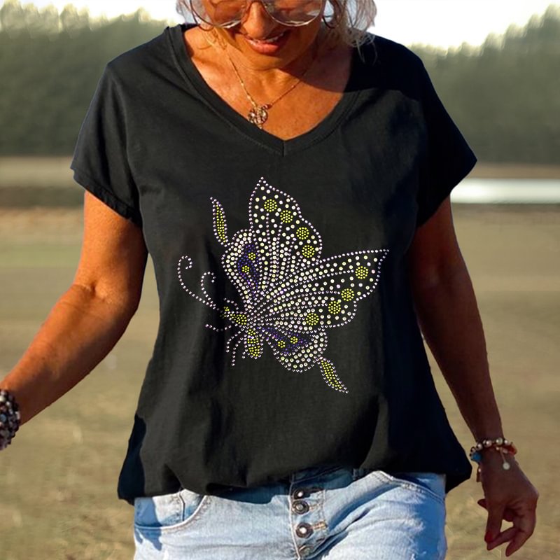 Yellow and Blue Fake Sequin Butterfly Print T-Shirt