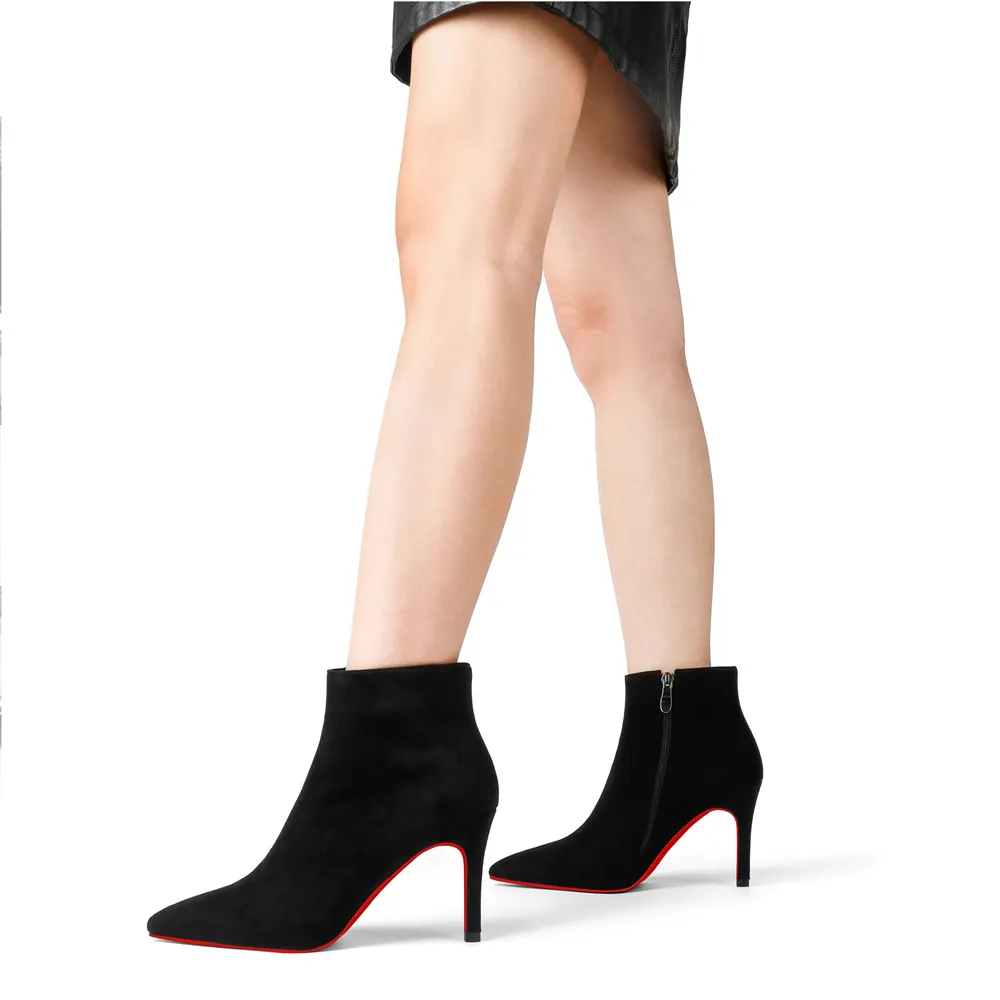 90mm Women's Ankle Boots Closed Pointed Toe Red Bottom Stilettos Croc/Suede Booties-vocosishoes