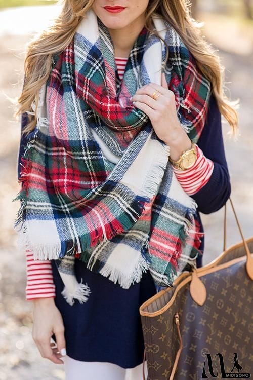 MidiSono - White Plaid Blanket Scarf