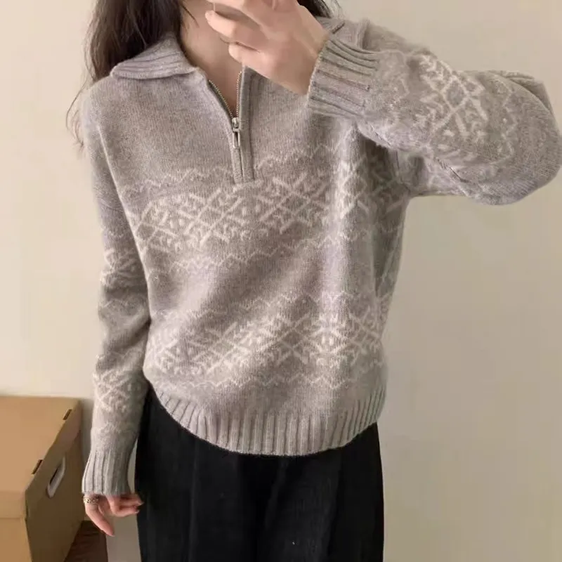 Churchf Churchf Coat Double Zipper Knit Cardigan Female Fall 2024 Design Sense Casual Loose Round Neck Sweater Top