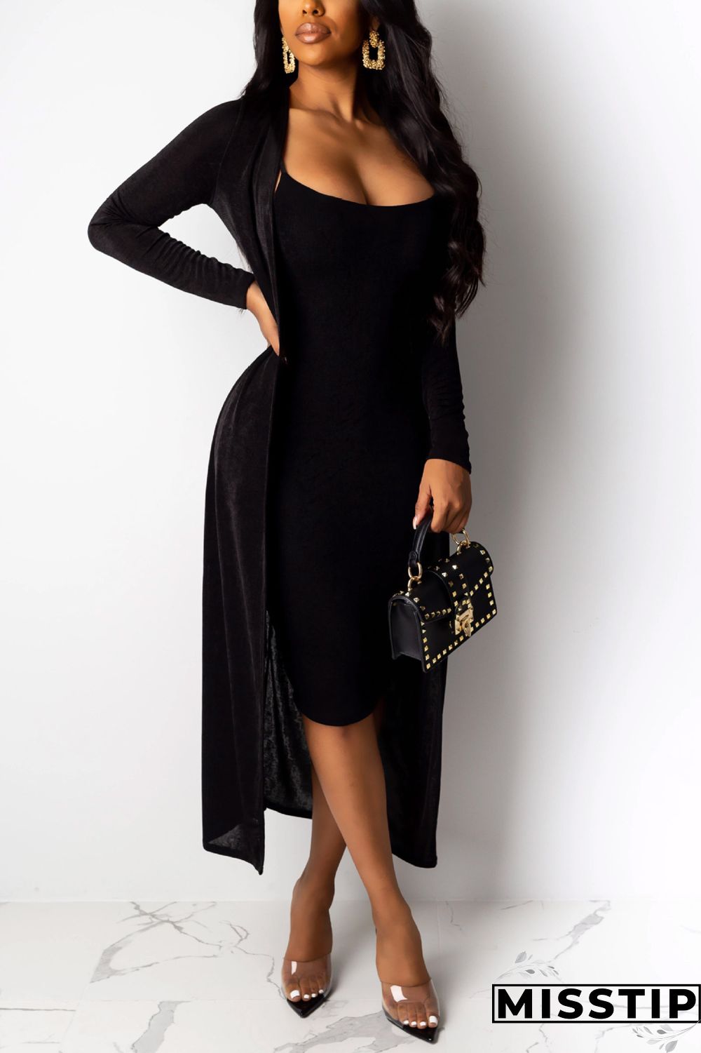 Dark green Sexy V-Neck Silver Fox Fleece Two-Piece Suit
