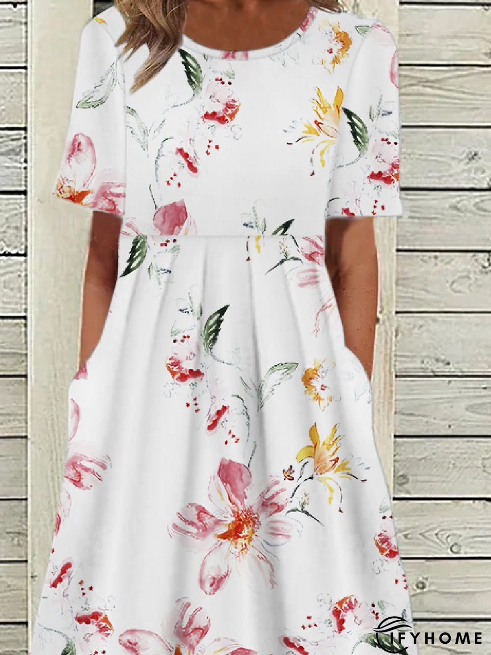 Casual Floral Crew Neck Short Sleeve Woven Dress | IFYHOME