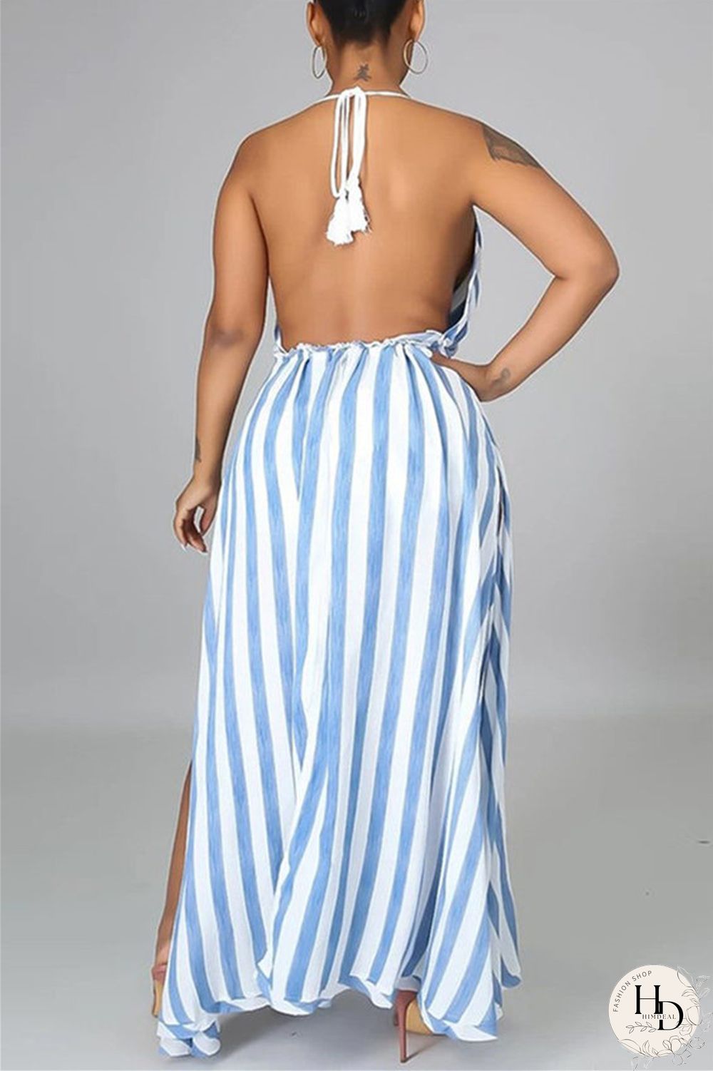 Royal Blue Fashion Sexy Print Bandage Backless V Neck Sleeveless Two Pieces