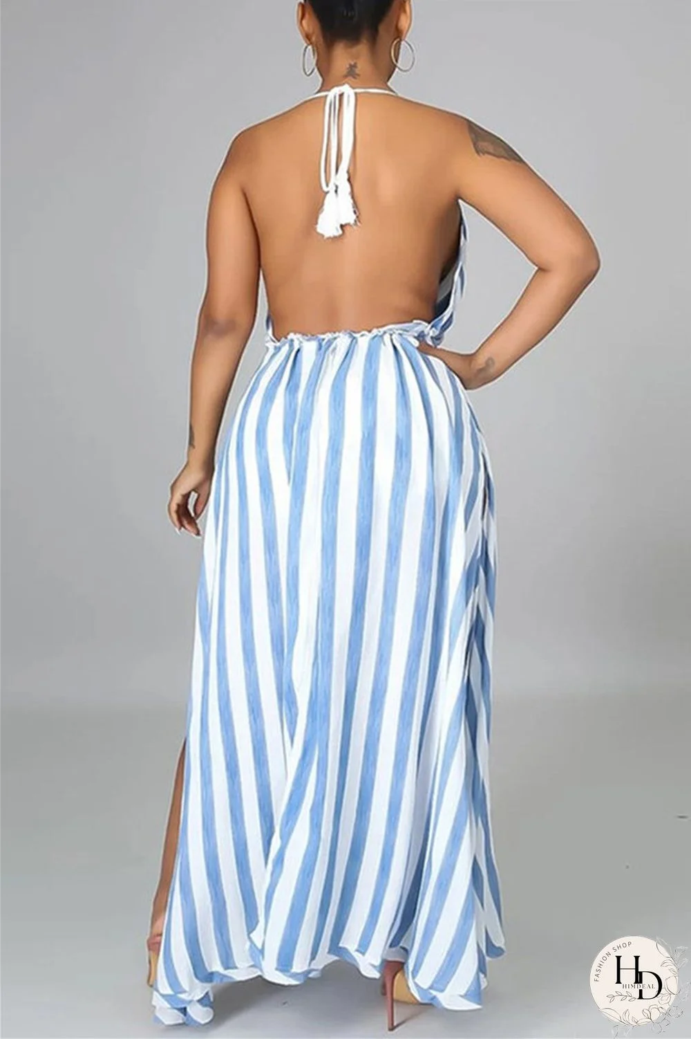 Royal Blue Fashion Sexy Print Bandage Backless V Neck Sleeveless Two Pieces