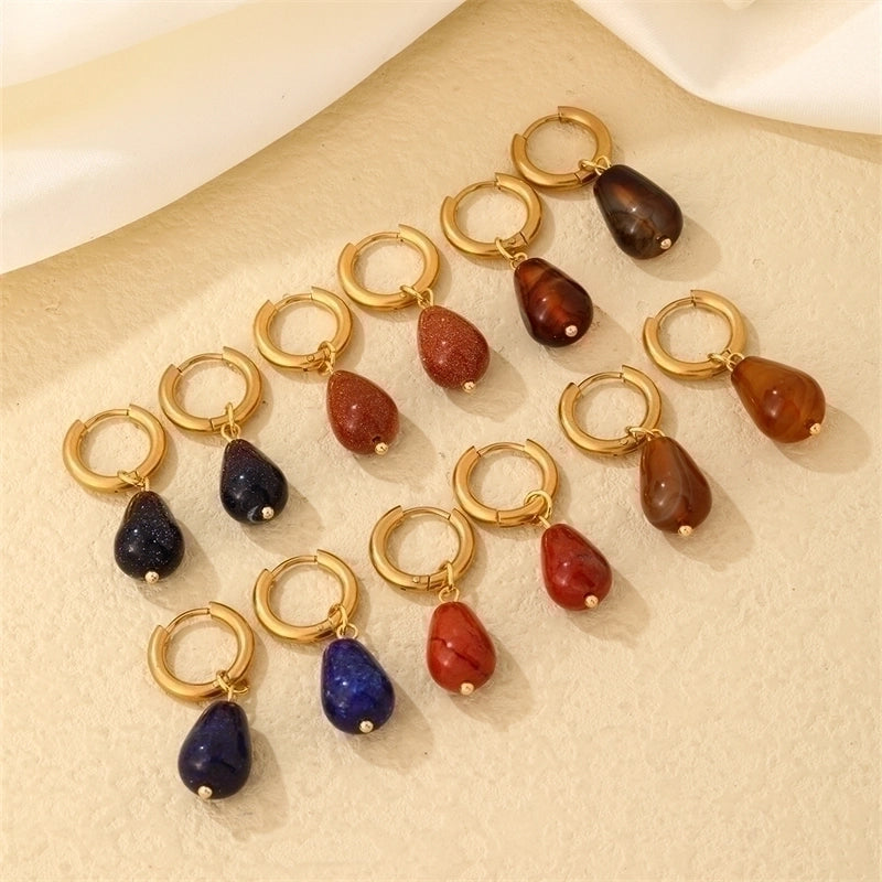1 Pair Casual Minimalist Water Droplets Plating 304 Stainless Steel Natural Stone K Gold Plated Drop Earrings